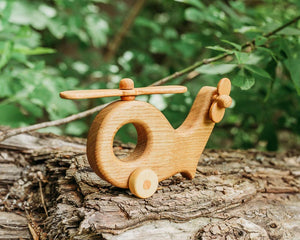 Wooden Helicopter w/ Spinning Wheels & Propeller