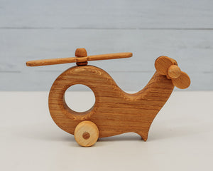 Wooden Helicopter w/ Spinning Wheels & Propeller